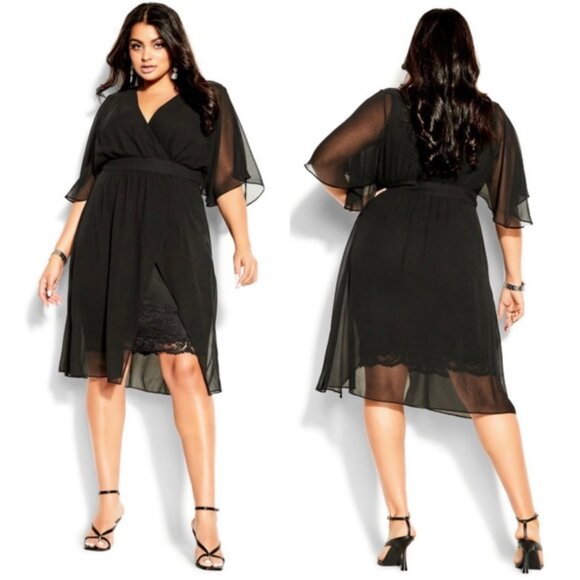 CITY CHIC Love Affair Dress V Neck Faux Wrap Sheer Flutter Sleeves sz 18 M - Picture 1 of 10